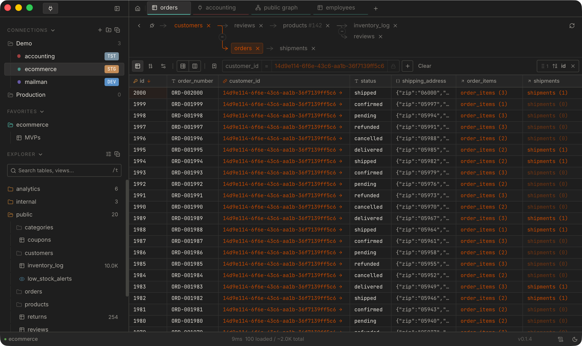 SlashTable main window showing a data table with foreign key relationships highlighted and breadcrumb navigation — dark mode left, light mode right — dark mode